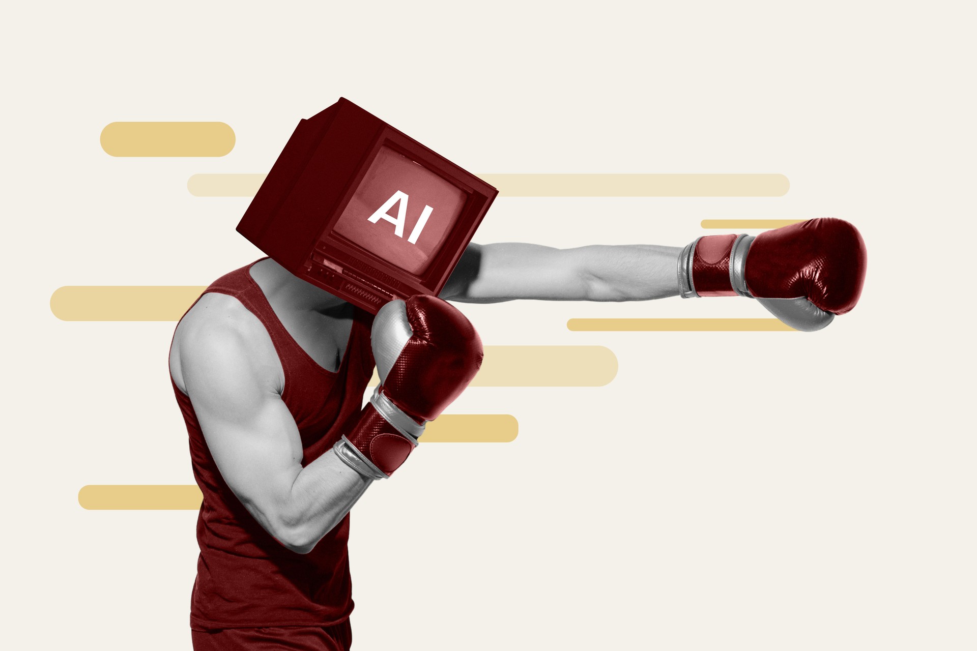 Surreal collage of strong man with red boxing gloves and AI computer monitor as head, symbolizing powerful artificial intelligence.